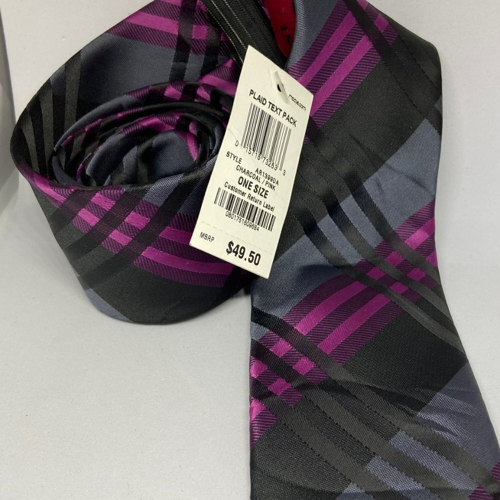 Alfani Men's Charcoal Pink Plaid Slim Neck Tie - NWT